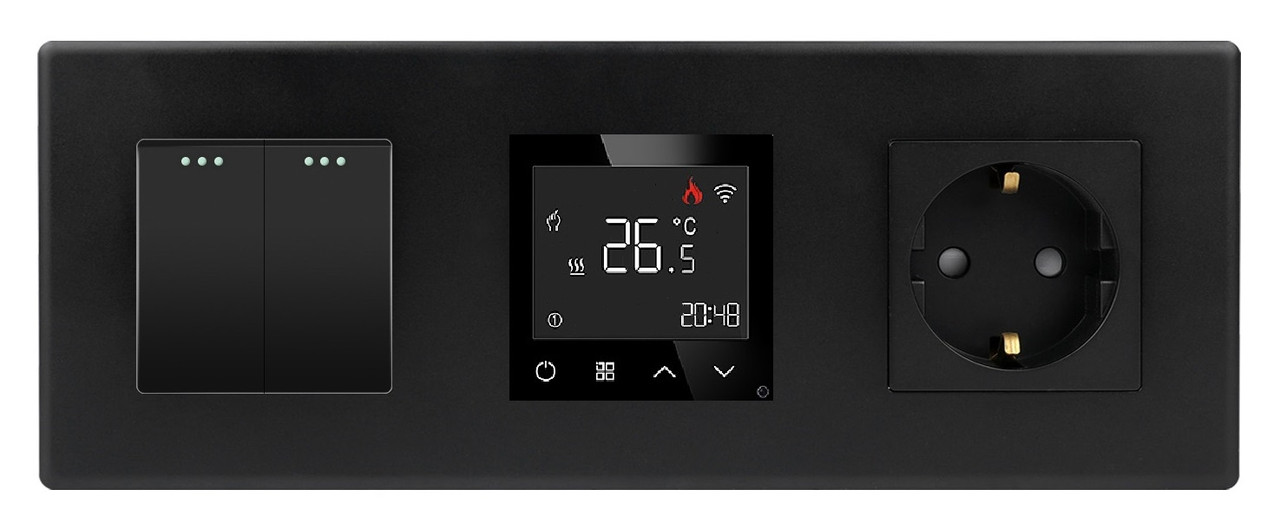 Сенсорний Wi-Fi терморегулятор + Вимикач (2 клав.) + Розетка 1DAL | Чорний (P228-SW2G-TR.WF-ST.BL)