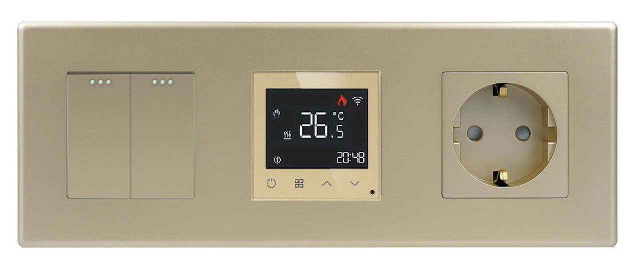 Сенсорний Wi-Fi терморегулятор + Вимикач (2 клав.) + Розетка 1DAL | Золото (P228-SW2G-TR.WF-ST.GD)