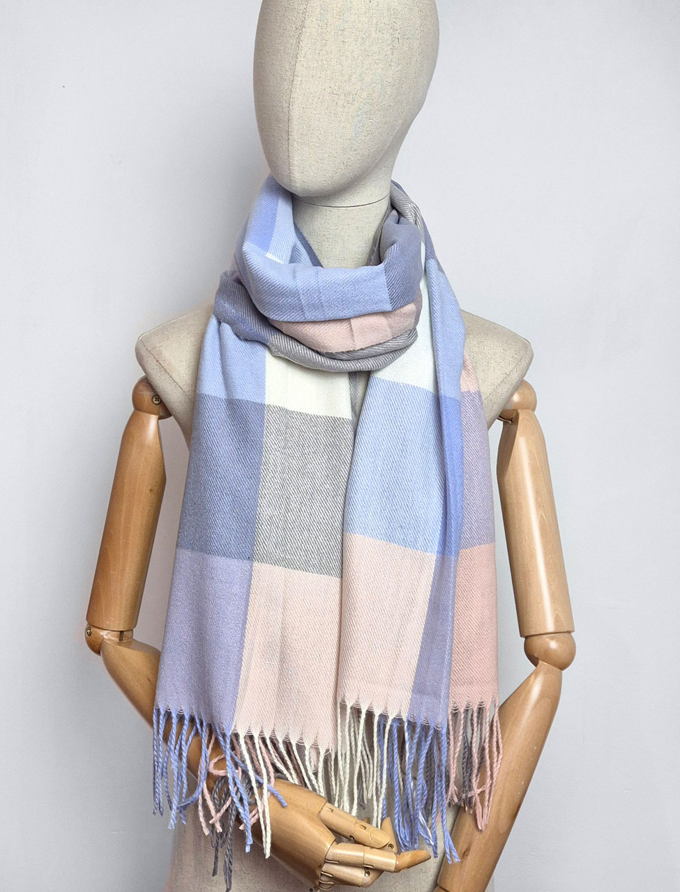 Шарф теплий жіночий у велику клітинку Мішель пудра лаванда, фото 1