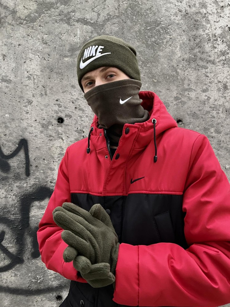 Комплект чоловічий: шапка з додаванням вовни Nike хакі + баф флісовий Nike хакі + рукавички флісові хакі, фото 1