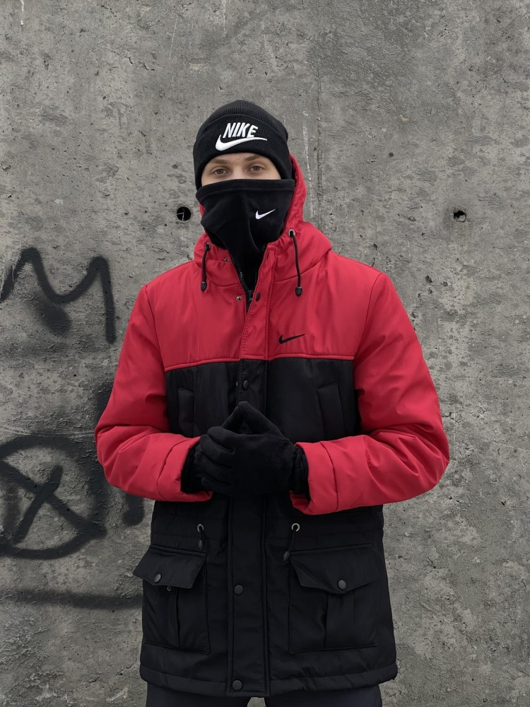 Комплект чоловічий: шапка з додаванням вовни Nike чорна + баф флісовий Nike чорний + рукавички флісові чорні, фото 1