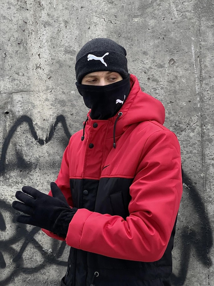 Комплект чоловічий: шапка з додаванням вовни Puma темно-сірий меланж + баф флісовий Puma чорний + рукавички, фото 1