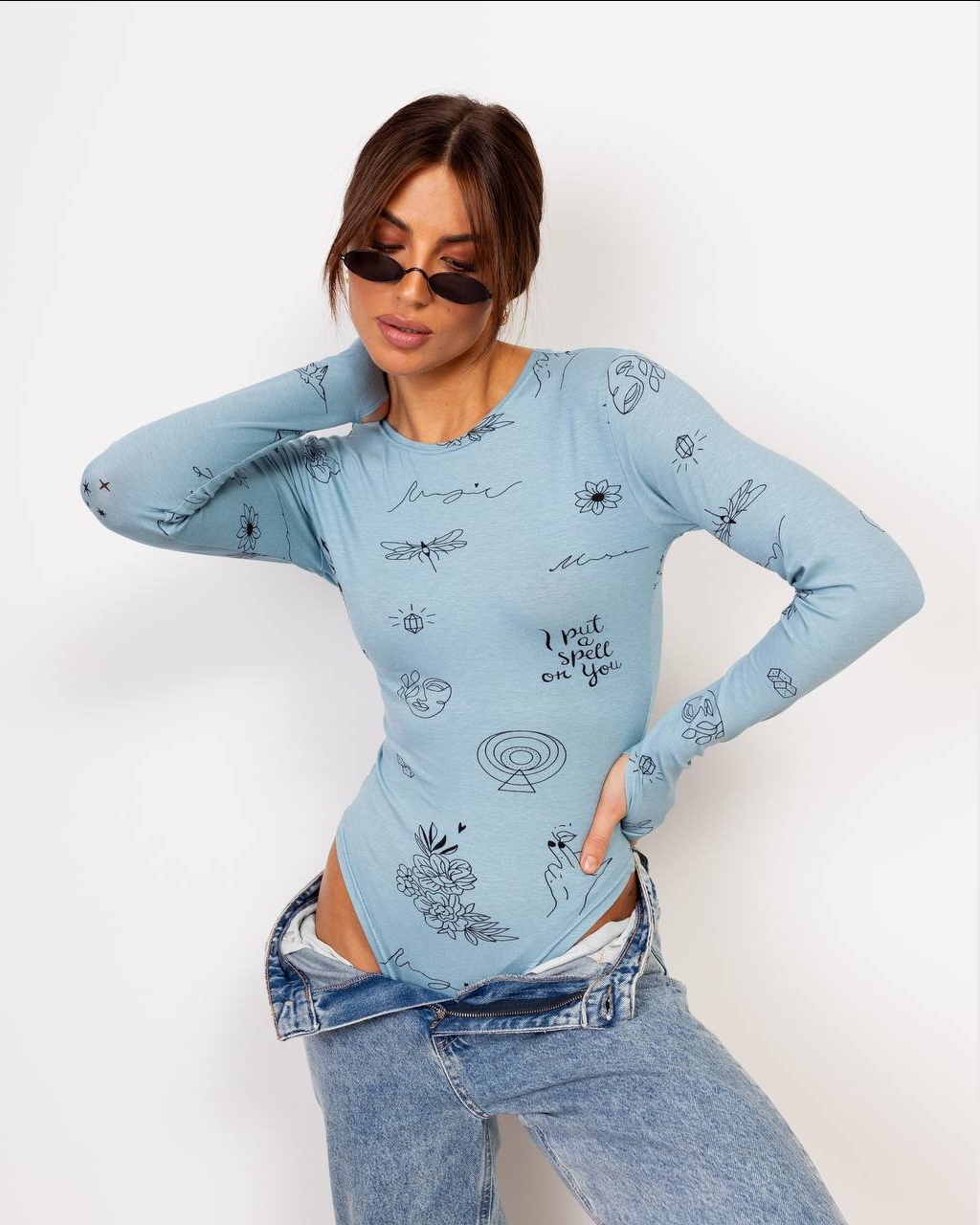 Жіночий боді з віскози з довгим рукавом і принтом, фото 1