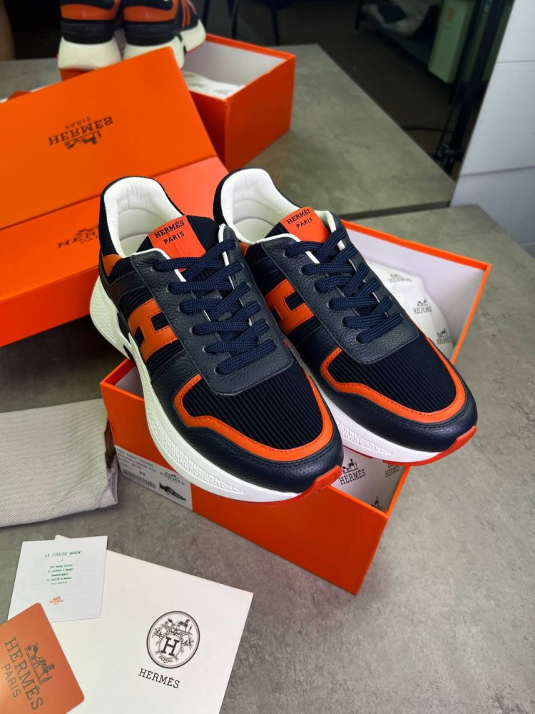 Кросівки сині Hermes шкіряні помаранчевий логотип "H" ob398