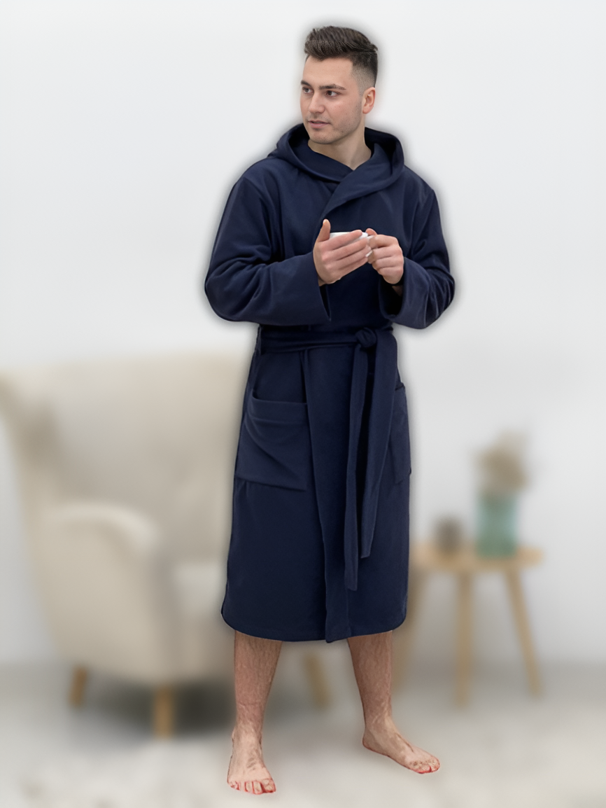 Флісовий чоловічий халат модний з капюшоном розмір S, теплий домашній чоловічий халат на запах Темно синій, фото 1