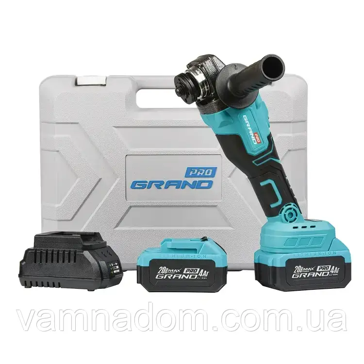 Болгарка безщіткова акумуляторна Grand МШУ-20BL/PRO в кейсі (2 акумулятори 20 В, 4 А/год і зарядний пристрій), фото 1