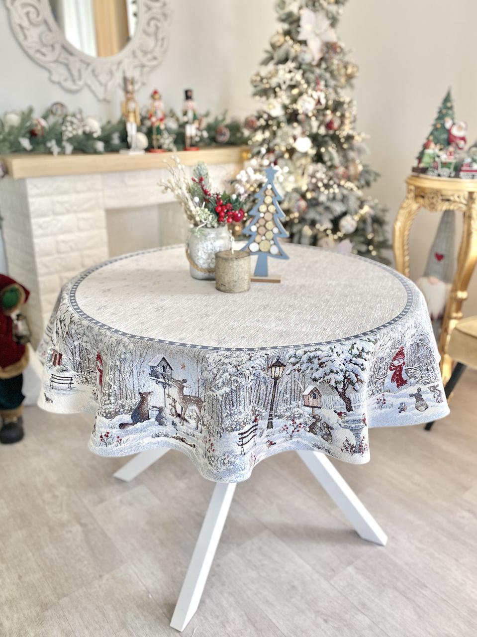 Кругла Новорічна скатертина гобеленова Ø140 см., фото 1