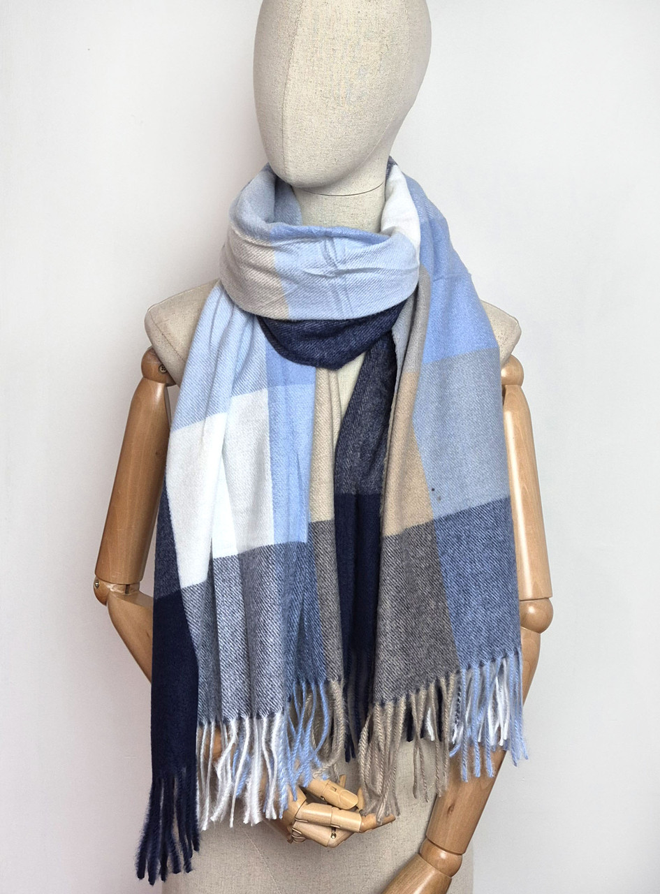 Шарф жіночий теплий у велику клітинку Мішель синій, фото 1