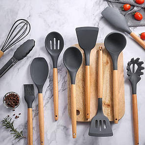 Набір кухонного приладдя 12шт Kitchen Set, Сірий / Кухонний набір силіконовий з підставкою, фото 3