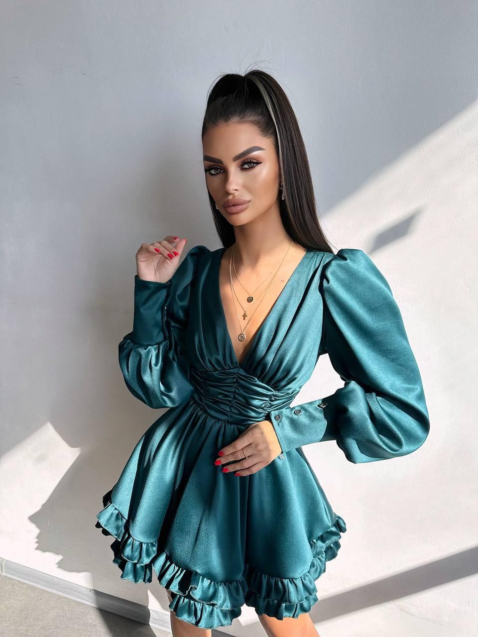 Коротке атласне плаття з рукавами ліхтариками оборками та складкою на грудях (р. 42, 44) 66PL5854Е, фото 1