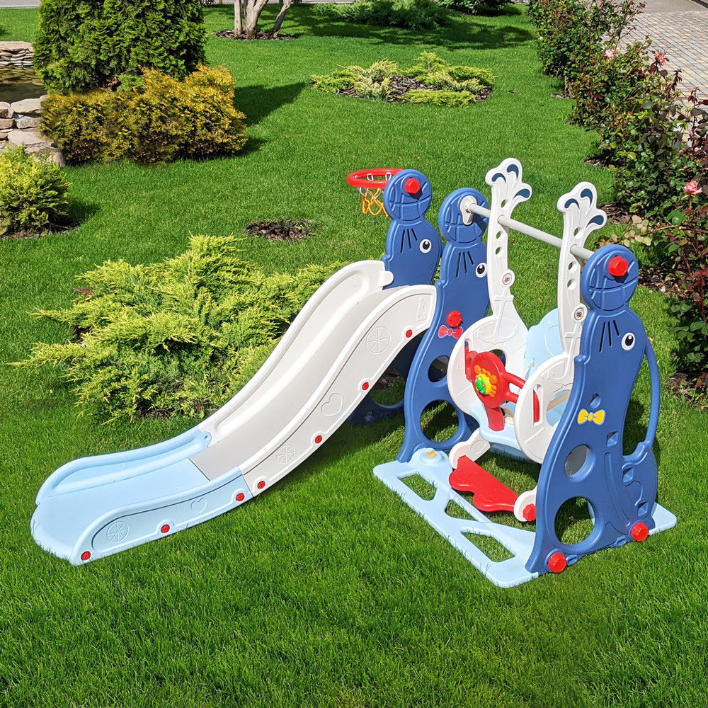 Дитячий пластиковий ігровий комплекс 2 в 1 гірка з кільцем + гойдалка Bambi WM19020 біло-блакитний для дому, фото 1