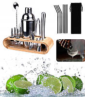 Професійний набір бармена (23 елементи) з підставкою, барменський шейкер, набір для створення коктейлів