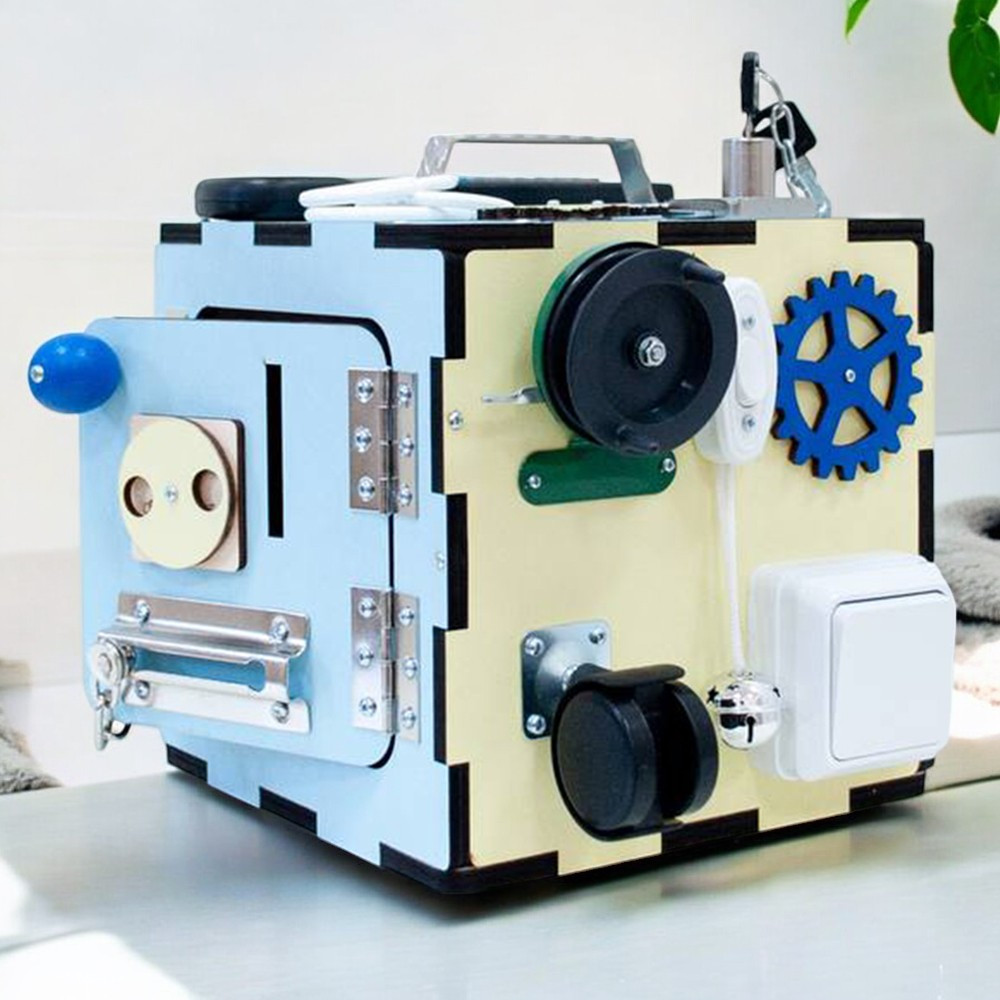 Бізікуб для дітей 20x20x20см, 25 елементів, Блакитний з жовтим (Розвиваючий дерев'яний бізіборд), фото 1