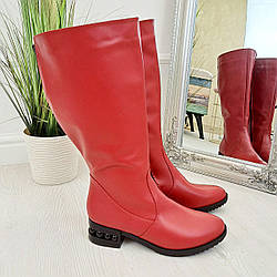 Чоботи шкіряні жіночі із широкою халявою, колір червоний. Батал