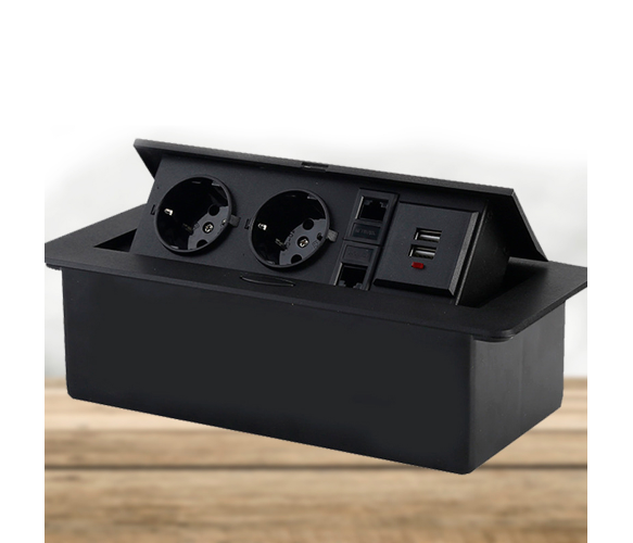 Розетка підлогова висувна із заземленням J29L, дві розетки + 2*USB + 2* RJ45, Input: AC 100-250V 16A, Black