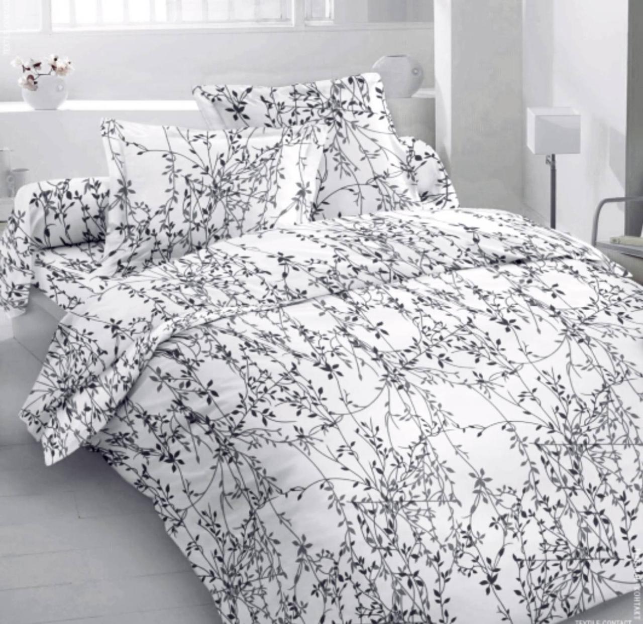 Біла тканина для постільної білизни 220см Фланель (байка) з принтом листочки FL4235black (40м)