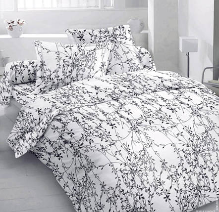 Біла тканина для постільної білизни 220см Фланель (байка) з принтом листочки FL4235black (40м), фото 1