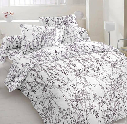 Біла тканина для постільної білизни 180 см Фланель (байка) з бежевим принтом гілочки та листочки, рулон 40 м, фото 1