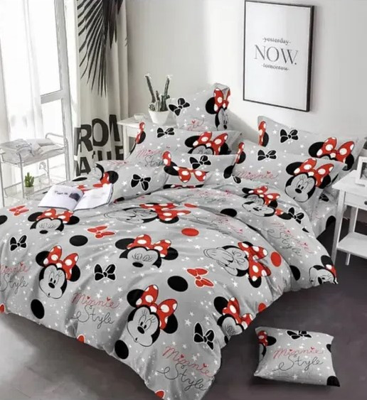 Дитяча тканина 180 см для постільної білизни Фланель (байка) з принтом герої мультфільмів Мінні Маус на сірому, рулон 40 м