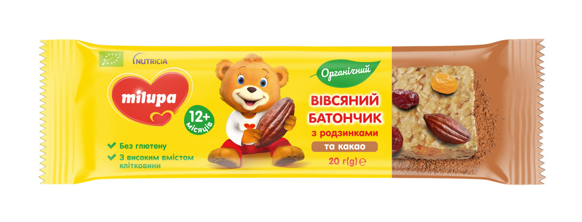 Батончик вівсяний з родзинками та какао органічний Milupa для дітей від 12 міс, 20г (Мілупа)