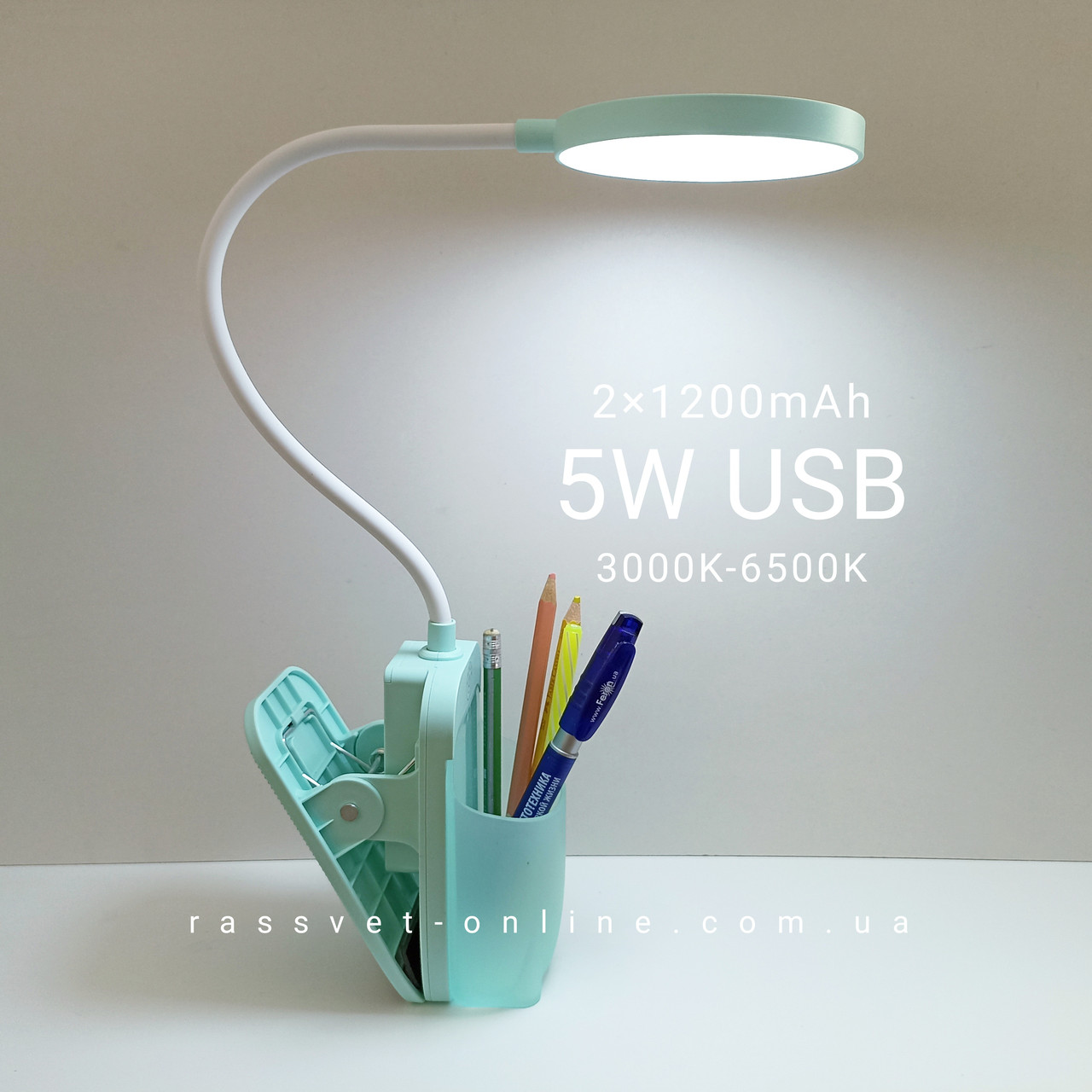 Акумуляторна настільна LED лампа TGX-7079 (Feron) 5W 3000K-6500К 260Lm з USB DC5V 2*1200mAh Li-ion прищіпка зелена м'ятна, фото 1