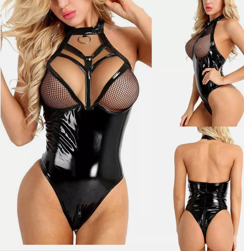 Боді-бюстье з чорного латексу і блискучої штучної шкіри.
