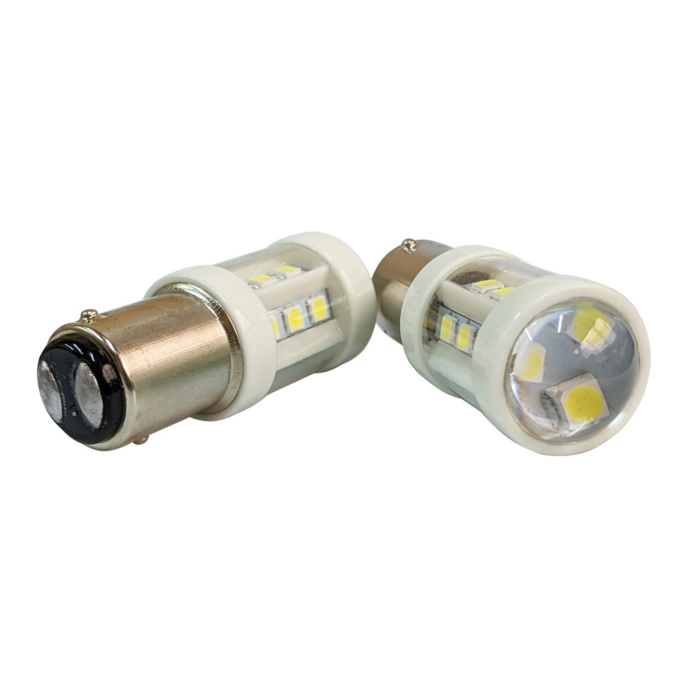 Світлодіодна автомобільна лампа S25 BAY15d 18 SMD (3030) 12-24 V WHITE з лінзою 2 контакти, фото 1