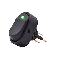 Перемикач клавішний ASW-20D ON-OFF 3 pin овальний, чорний із зеленим LED-підсвіткою.