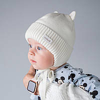 Дитяча зимова шапка з вушками на зав'язках, Вовна мериноса, колір Молочний, розмір 38