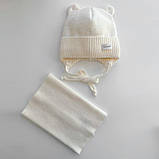 Дитяча зимова шапка з вушками на зав'язках, Вовна мериноса, колір Молочний, розмір 38, фото 2