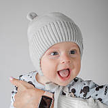 Дитяча зимова шапка з вушками на зав'язках, Вовна мериноса, колір Сірий, розмір 38, фото 3