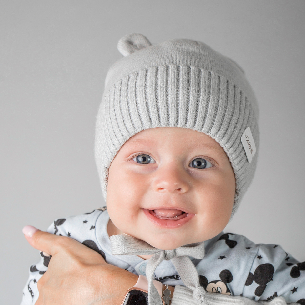 Дитяча зимова шапка з вушками на зав'язках, Вовна мериноса, колір Сірий, розмір 38, фото 1