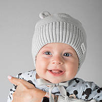 Дитяча зимова шапка з вушками на зав'язках, Вовна мериноса, колір Сірий, розмір 38