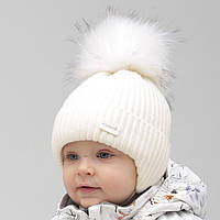 Дитяча зимова шапка з помпоном на зав'язках, Вовна мериноса, колір Молочний, розмір 46