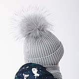 Дитяча зимова шапка з помпоном на зав'язках, Вовна мериноса, колір Сірий, розмір 46, фото 3