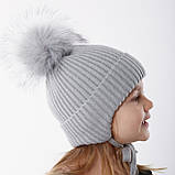 Дитяча зимова шапка з помпоном на зав'язках, Вовна мериноса, колір Сірий, розмір 46, фото 5