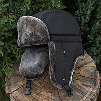 Чоловіча шапка вуханка зі штучного хутра чорного кольору 55-56