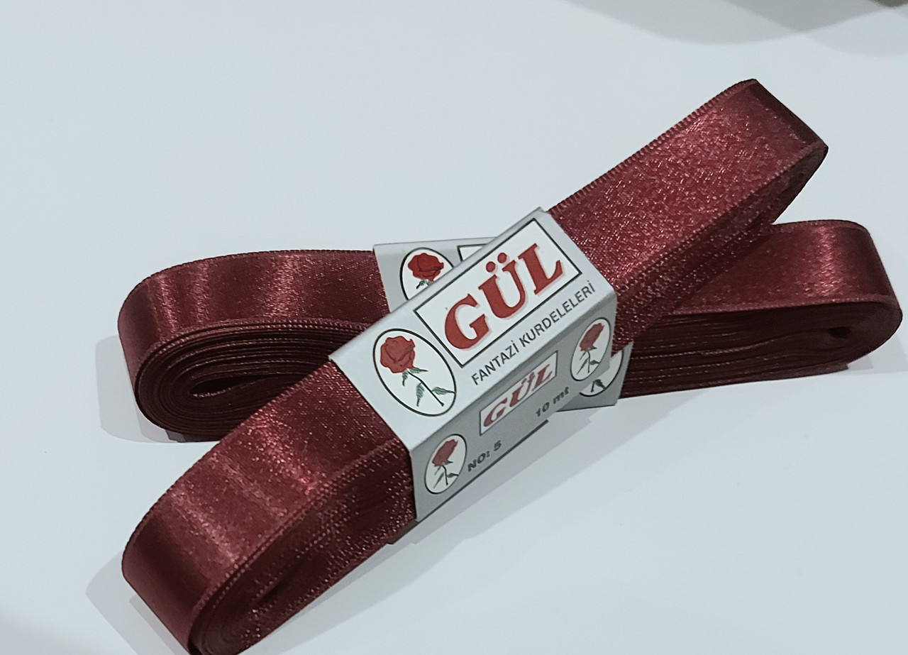 Стрічка атласна GÜL Гюль двостороння 2 см ( 10 метрів) бордова