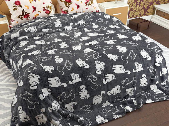 Євромаксі флісовий плед покривало кіт Саймона двоспальний 215х240 сірий якісний, фото 1