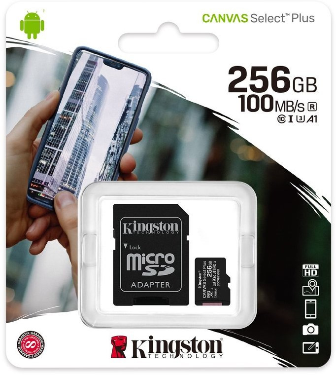 Карта пам'яті Kingston microSDXC 256 Gb Canvas Select Plus class 10 A1 (R-100MB/s) + Adapter