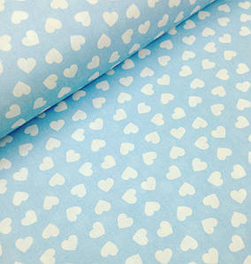 Бавовняна тканина польська серця білі на блакитному