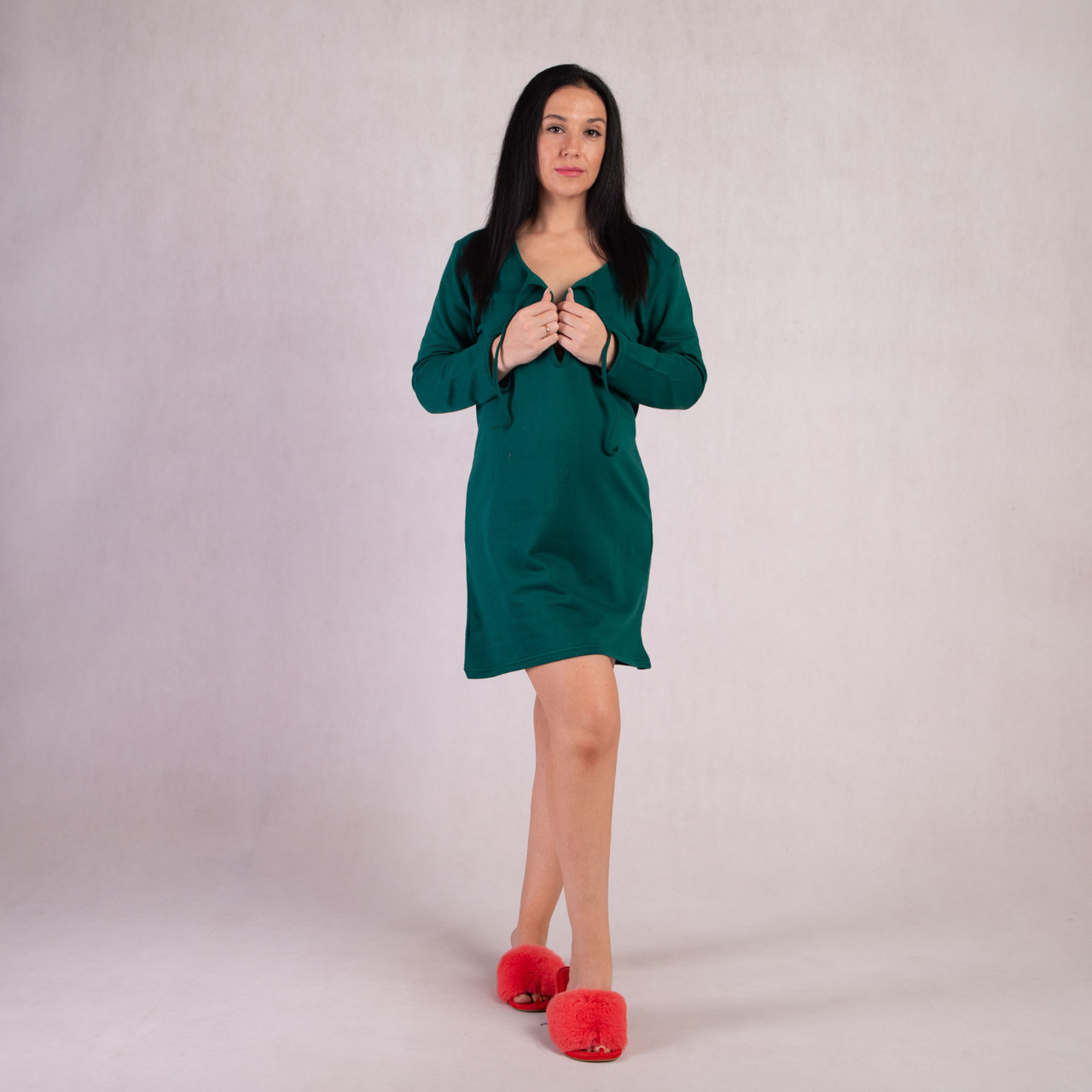 Нічна сорочка для вагітних і жінок, що годують, з довгим рукавом тепла на роді однотонна зелена 48-60р.