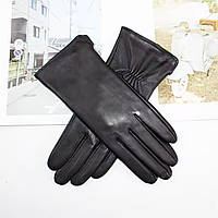 Жіночі чорні шкіряні рукавички. Перчатки із якісної м'якої шкіри. Натуральна вовняна підкладка
