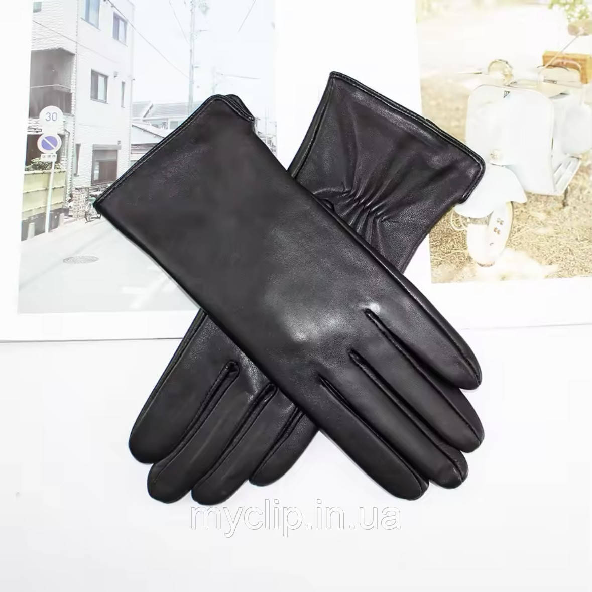 Жіночі чорні шкіряні рукавички. Перчатки із якісної м'якої шкіри. Натуральна вовняна підкладка, фото 1