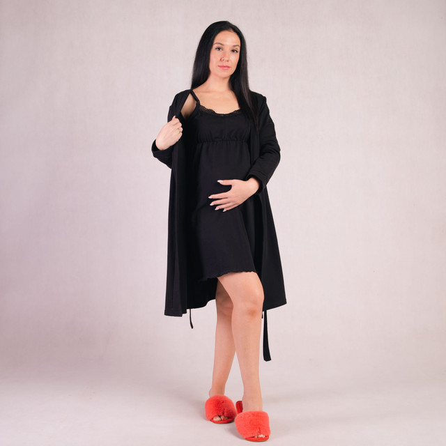 Комплект для вагітних та годуючі теплий халат з нічним вузькі бретелі із застібками чорний р.44-60