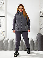 Жіночий теплий трикотажний спортивний костюм-трійка батал на флісі з жилеткою (р.48-58). Арт-1806/9 графіт