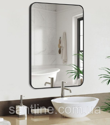 Прямокутне дзеркало 60х90 із закругленими краями у чорній рамі, фото 1