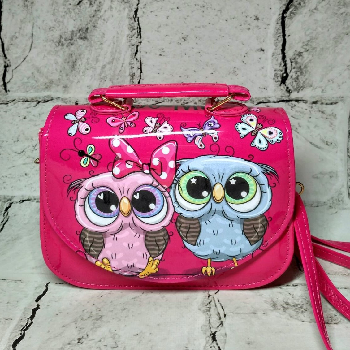 Сумочка дитяча для дівчинки лакова з ремінцем Сови Малинова 17х13х6,5 см 9123-6