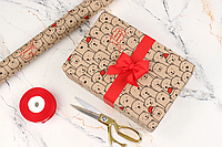 Новорічний папір для подарунків "Ведмедики у шапочках" крафт, рулон 8м*70см, щільність 70 г/м²