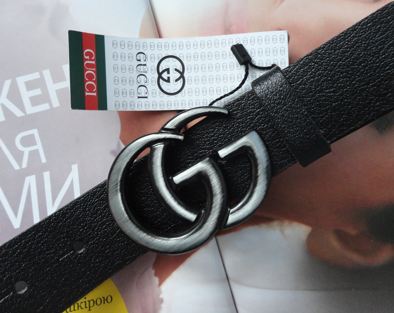 Жіночий шкіряний ремінь в стилі GUCCI пряжка хром ширина 3.8 см, фото 1